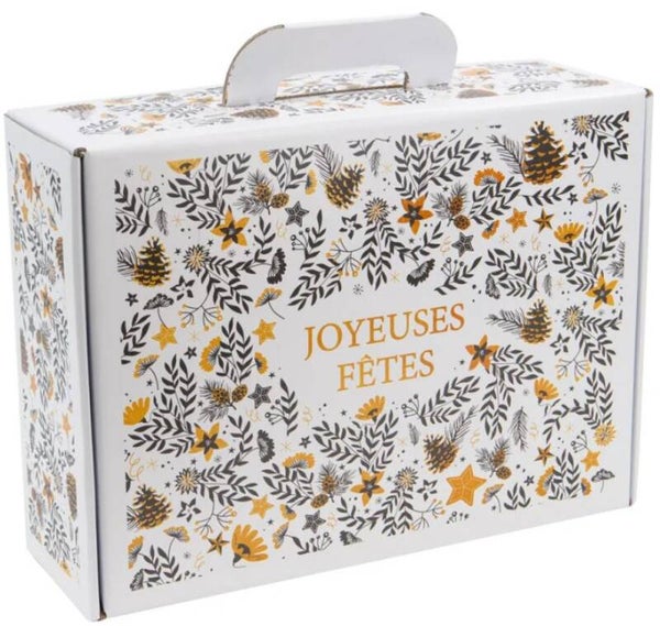 Valisette cadeau blanc "Joyeuses Fêtes" à remplir 41,5x33x12,5cm  par lot de 20