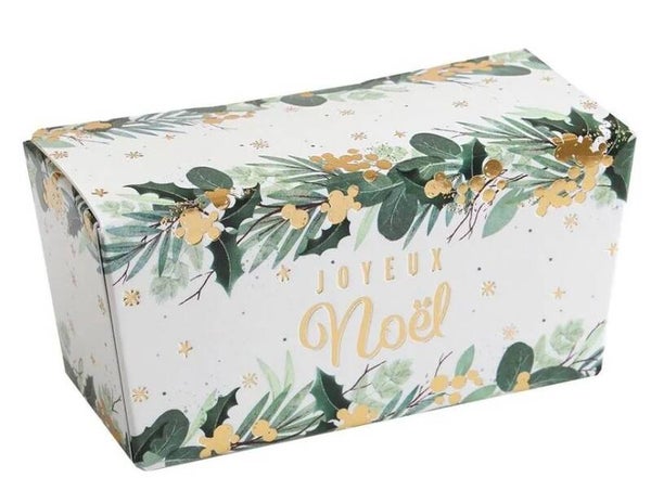 Ballotin "Joyeux Noël"  blanc/houx et or  rempli avec 250gr assortiment chocolats  12x6,5x6cm