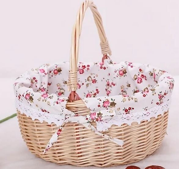 Panier en osier naturel avec doublure florale   21x26x12cm