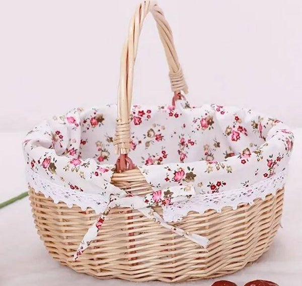 Panier en osier naturel avec doublure florale   21x26x12cm