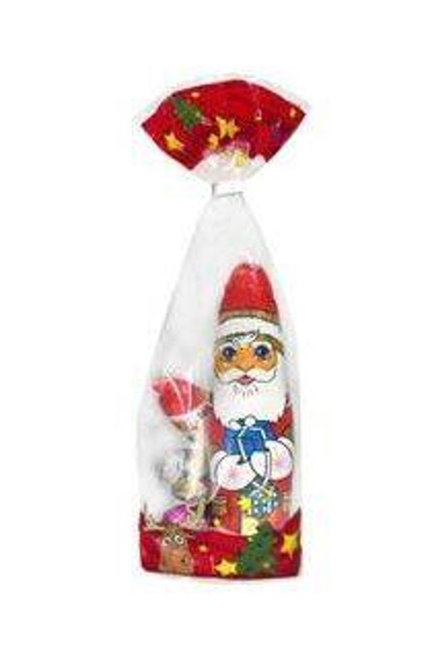 Sachet contenant 1 Père Noël et 3 sujets en chocolat   100gr  par lot de 24 sachets