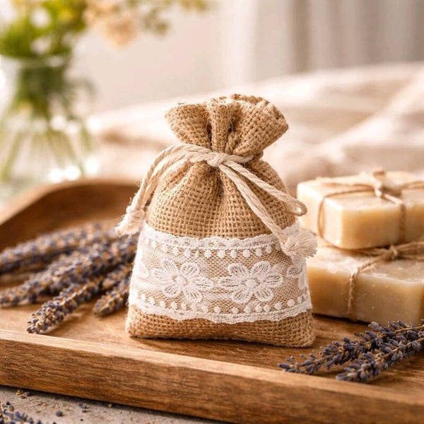 Bourse à dragées en jute et dentelle par lot de 5