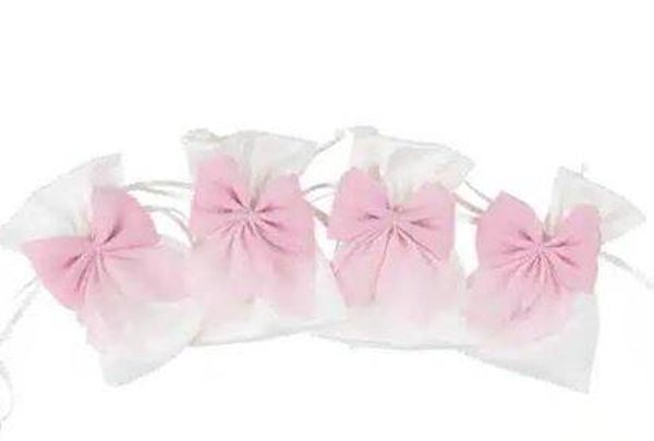 Sac à Dragées en satin noeud mousseline rose ou bleu  10x8cm  par lot de 4