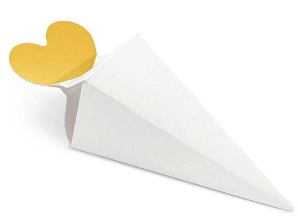 Cornet blanc à Dragées avec coeur doré  par lot de 6