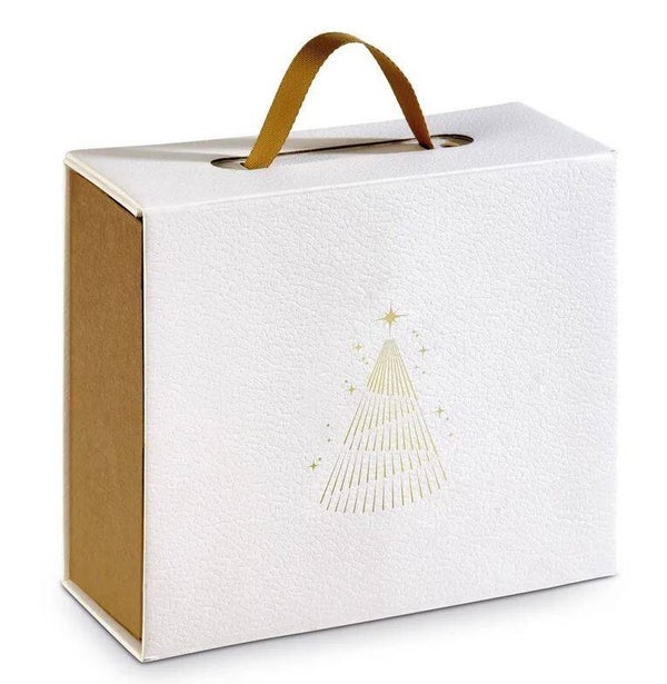 Valisette carton texturée blanc  Sapin or à remplir 23,5x18,5x9cm  par lot de 10