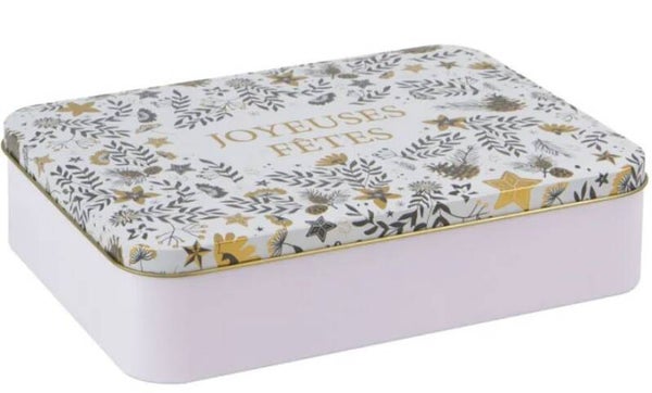 Boîte rectangulaire "Joyeuses Fêtes" en métal  par lot de 12     22,5x22x6,5cm