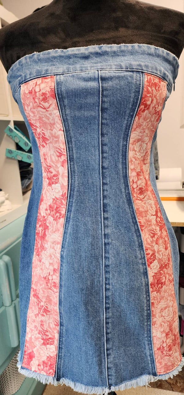 Upcycled Light Denim Jeans Dress with Pink Floral Overlay