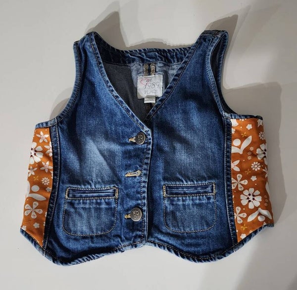 Upcycled Children's Denim Vest with Cozy Fall Fabric Overlay