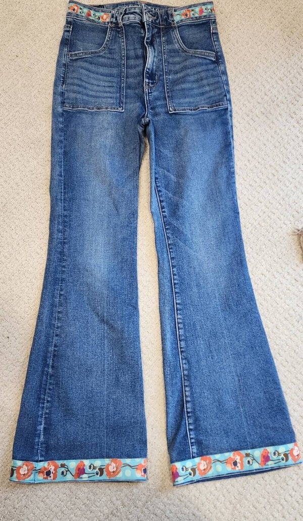 Upcycled Medium-Wash Jeans with Hawaiian Floral Details