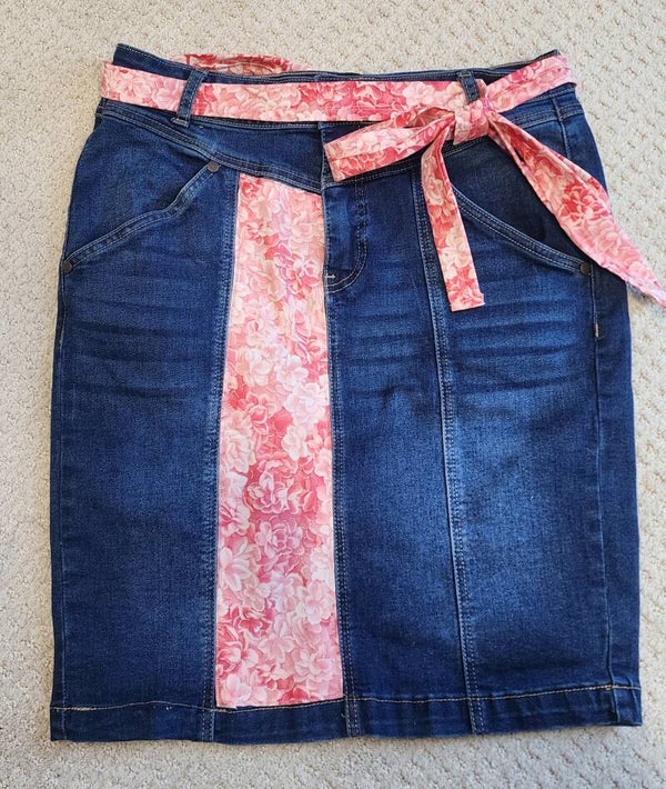 Upcycled Denim Skirt with Pink Floral Overlay Handmade Belt – One of a Kind