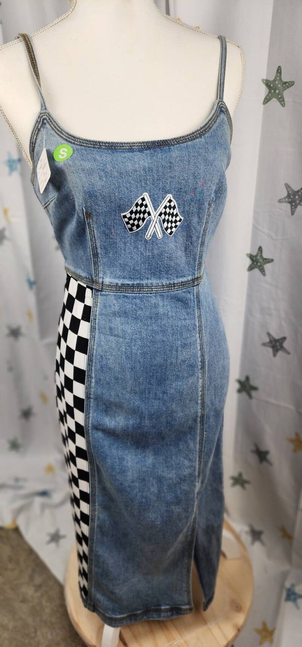 Denim dress- checkered flag - Size small
