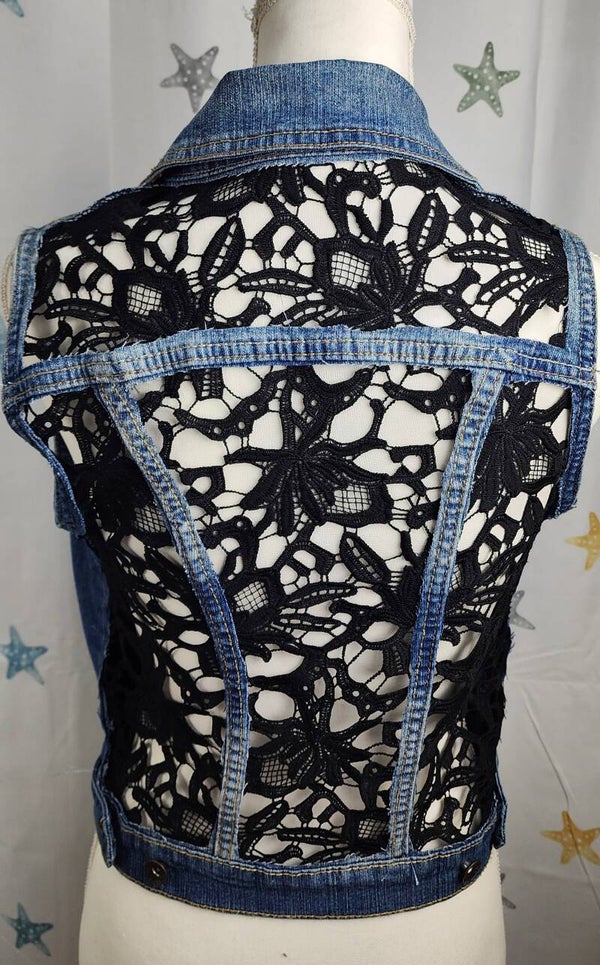 Denim vest - black lace - size small