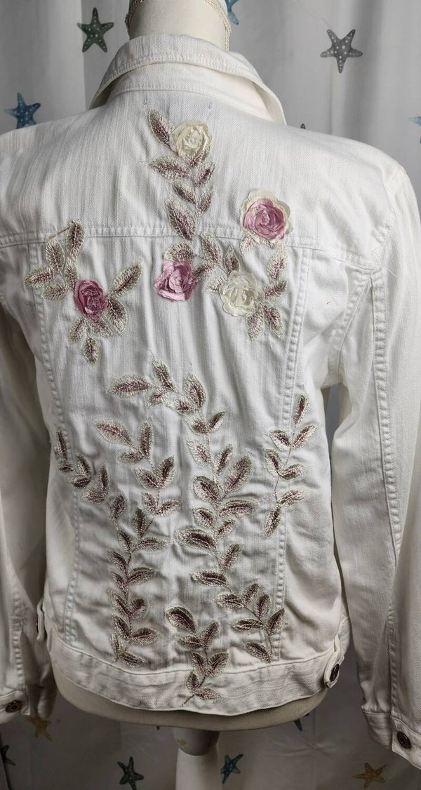 Denim jacket - white lace overlay- size Med