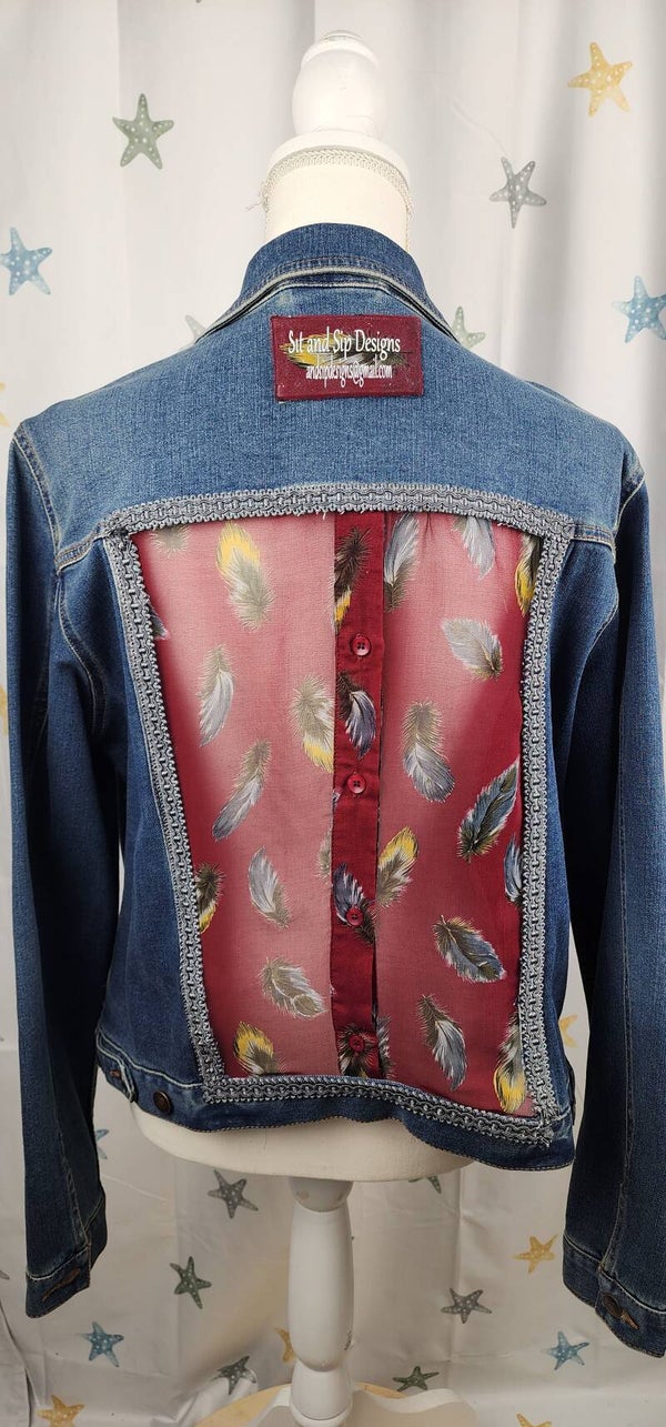 Denim jacket - red feathers - XL