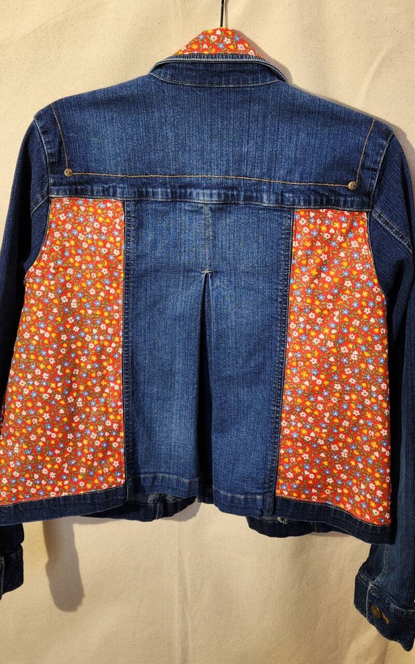 Upcycled dark blue jacket with red blue and pink floral