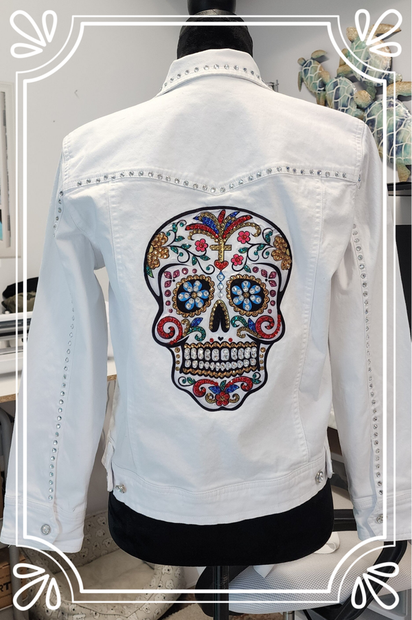 White skull denim upcycled jeans jacket