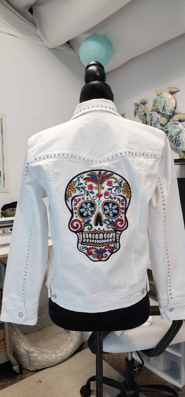 White skull denim upcycled jeans jacket