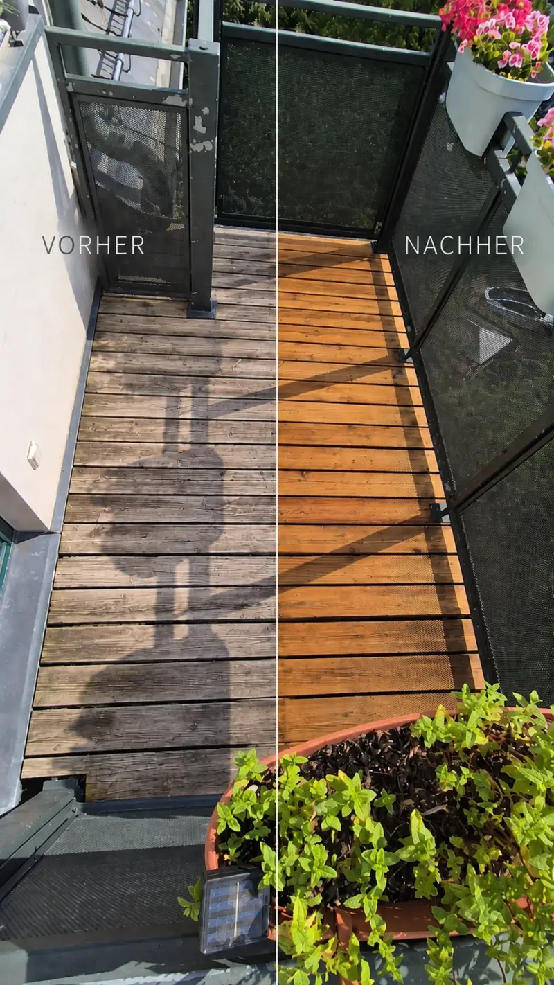 Vorher-Nachher-Vergleich stark vergrauter Balkondielen nach Aufarbeitung und Behandlung mit Terrassenöl.