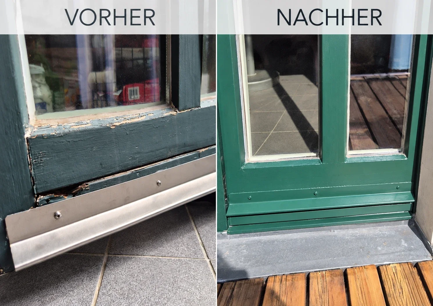 Vorher-Nachher-Vergleich einer Balkontür mit morschem unteren Querfries nach Holzreparatur und neuer Lackierung.