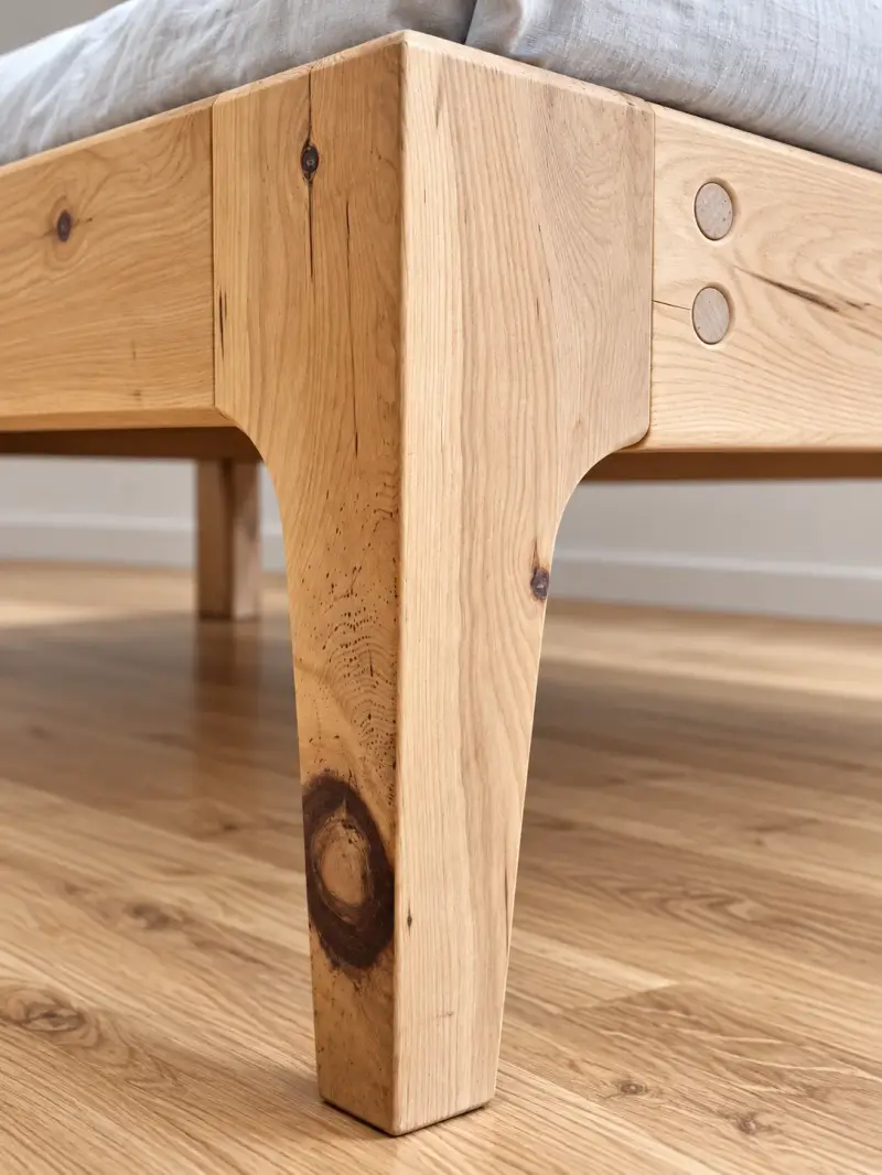 Detail eines Bettes aus Zirbenholz mit traditioneller Zapfenverbindung und sichtbaren Rundholzdübeln