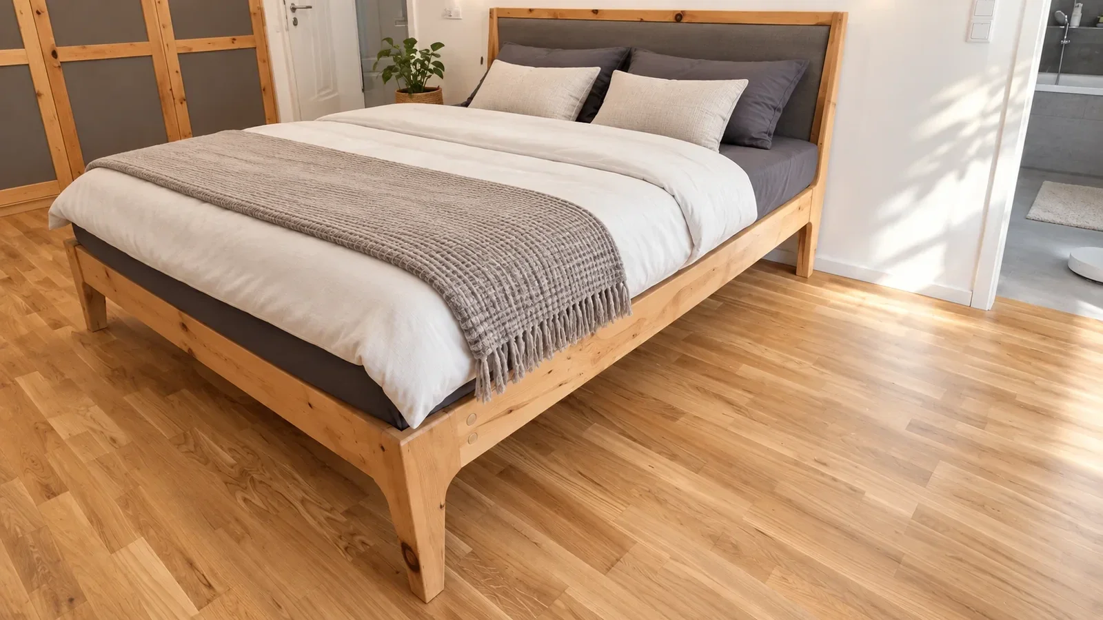Maßgefertigtes Bett aus Zirbenholz ohne Metall mit traditioneller Zapfenverbindung und Spannverbindung aus Rundholz