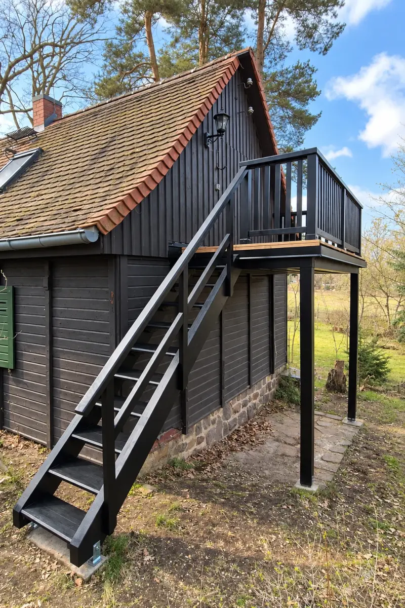 Frontalansicht einer neu gebauten schwarzen Holztreppe zum Balkon eines Ferienhauses.