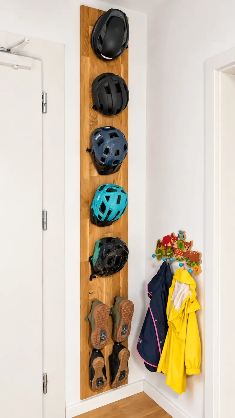 Maßgefertigte Wandgarderobe aus geölter Eiche zur Aufbewahrung von Fahrradhelmen und Schuhen.