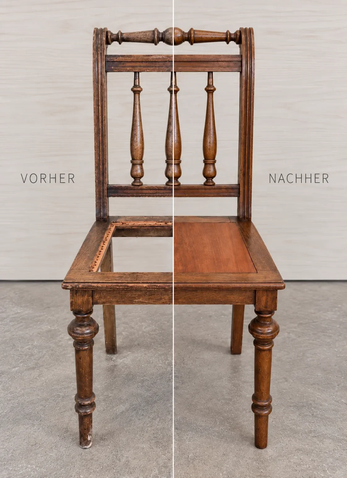 Vorher-Nachher-Vergleich eines historischen Holzstuhls mit fehlender Sitzfläche und neu eingesetzter Sitzfüllung nach der Restaurierung.