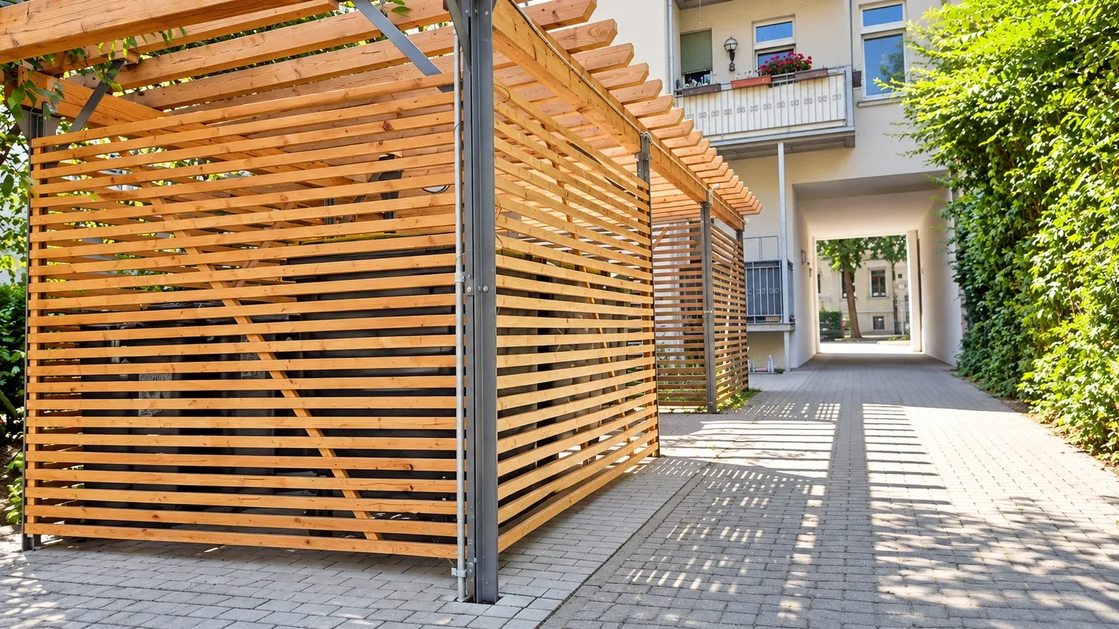 Erweiterte Müllplatzeinhausung aus Douglasie mit Metallständern, Lamellenfeldern und neu gepflasterter Stellfläche.