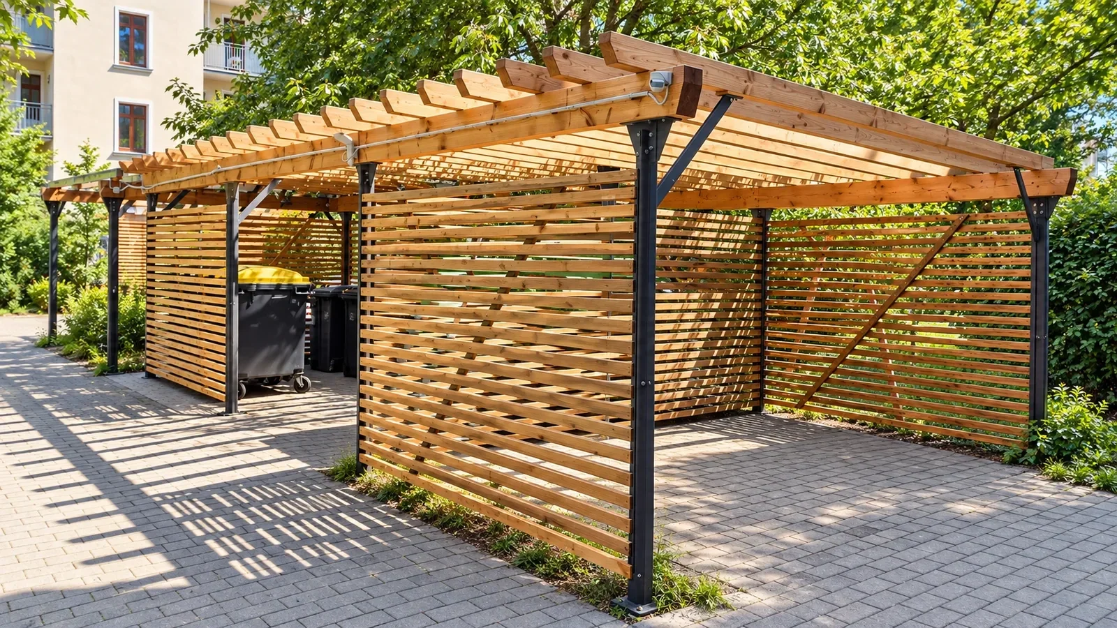 Neu errichtete Müllplatzeinhausung aus Douglasie mit horizontalen Lamellen, Metallständern und Pergolakonstruktion im Innenhof.
