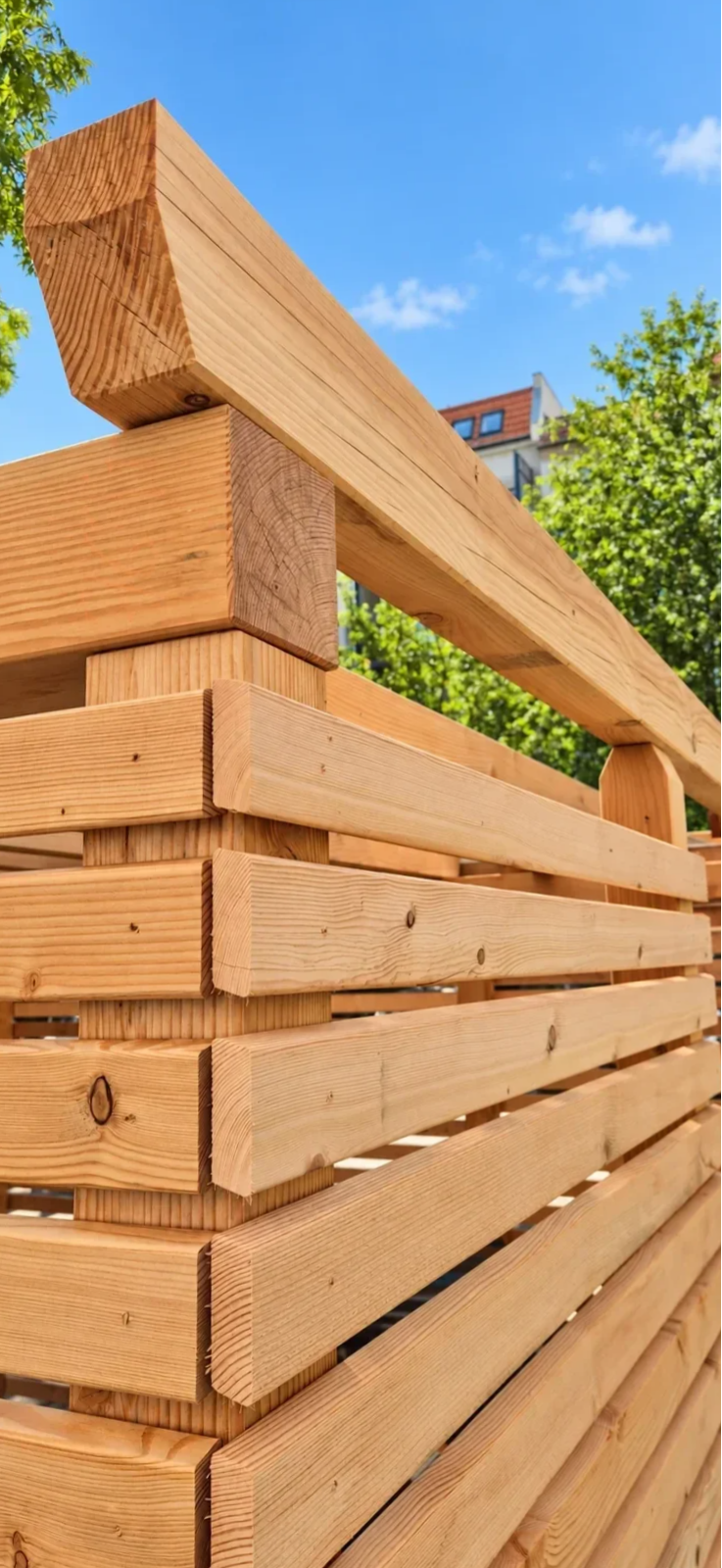 Detail einer handwerklich ausgeführten Verbindung von Pfosten, Pfette und Rhombusleisten einer Müllplatzeinhausung aus Douglasie.