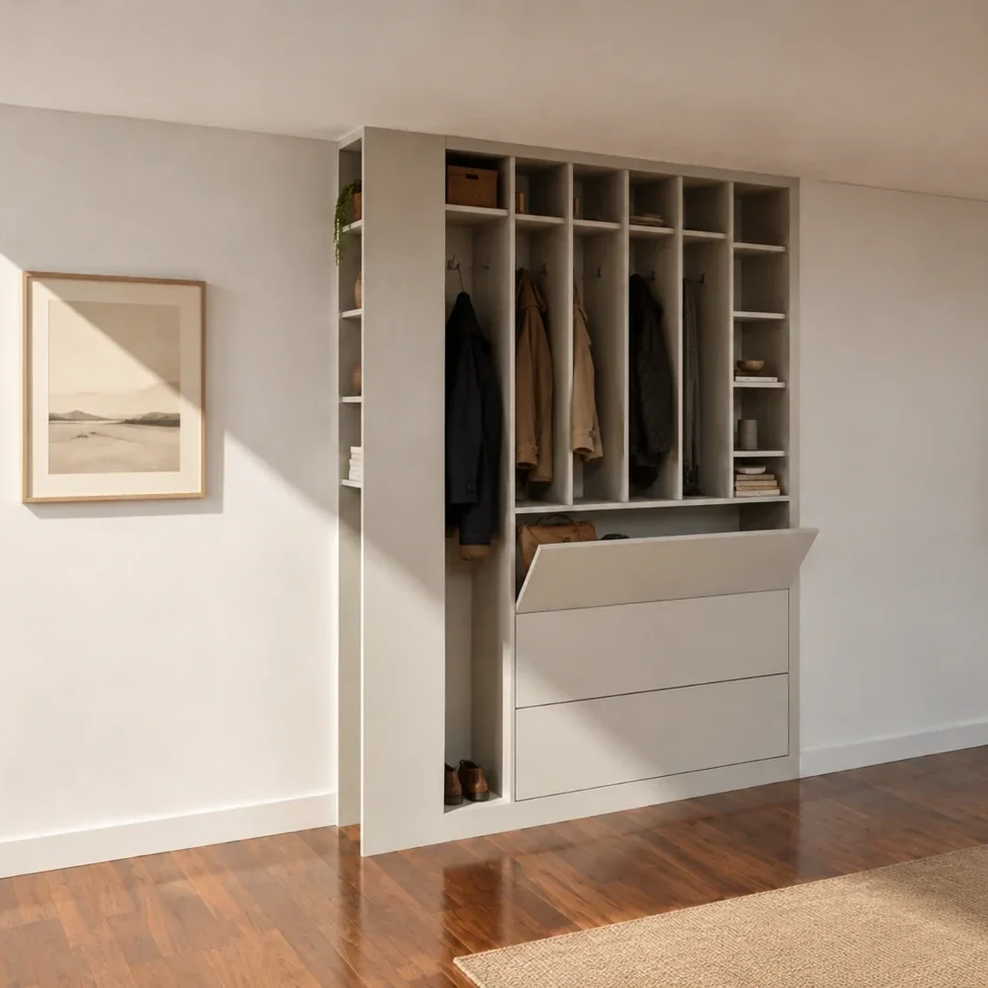 Visualisierung einer maßgefertigten Garderobe mit offenen Fächern, Stauraum und geschlossenen Fronten.