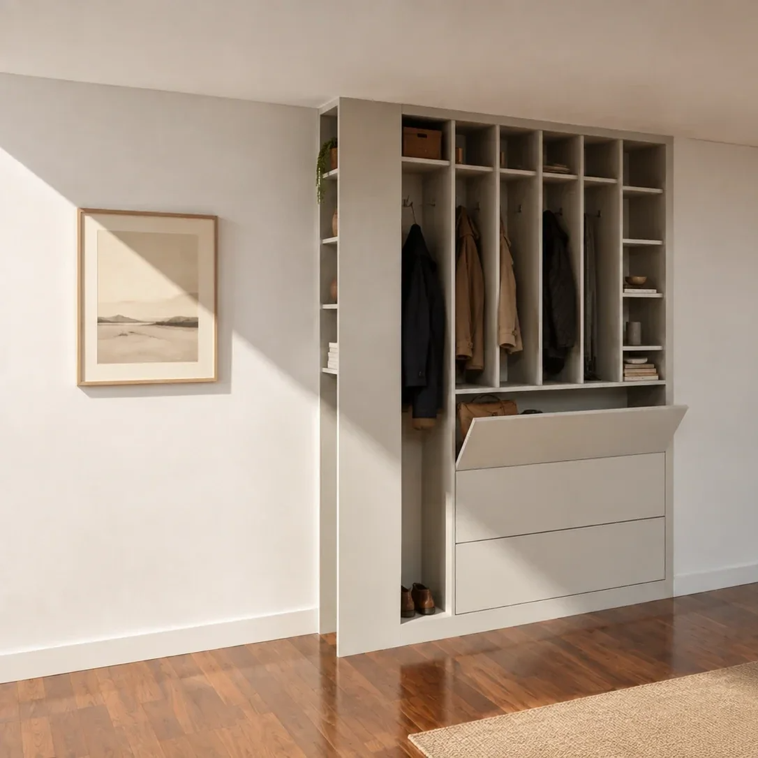 Visualisierung einer maßgefertigten Garderobe mit offenen Fächern, Stauraum und geschlossenen Fronten.