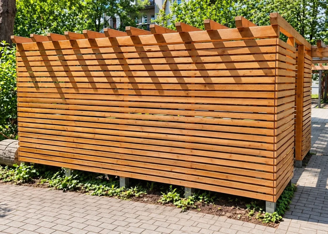 Neu errichtete Müllplatzeinhausung aus Douglasie mit Rhombusleisten und pergolaartiger Dachkonstruktion.