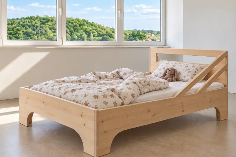 Maßgefertigtes Kinderbett aus geölter Kiefer mit seitlichem Rausfallschutz und offenem Einstieg.