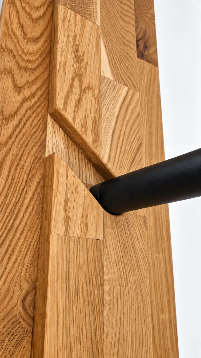 Detailansicht einer Aufnahme aus geölter Eiche für eine variable schwarze Klimmzugstange.
