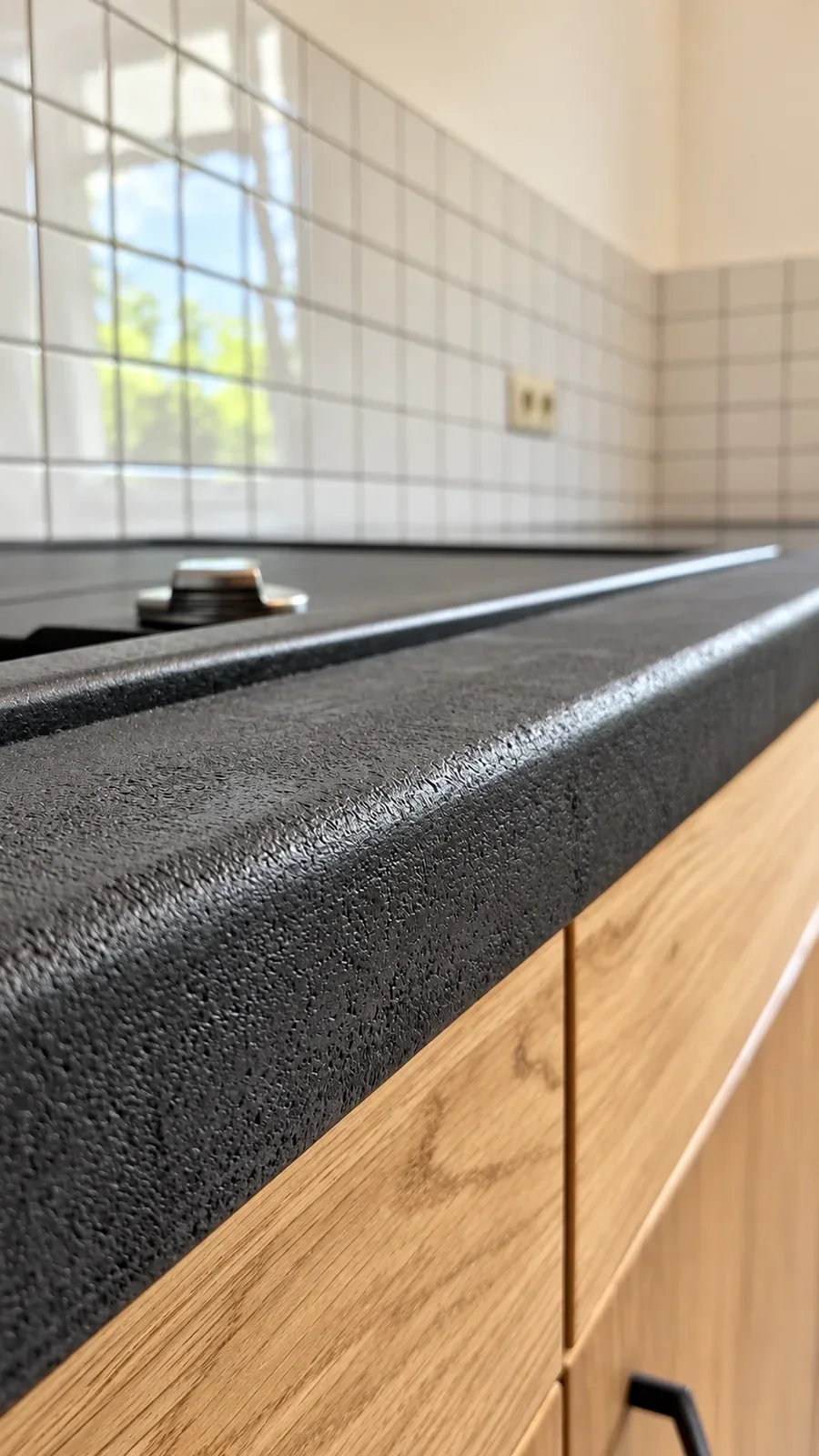Detail der mit Betonspachtelmasse beschichteten Küchenarbeitsplatte.