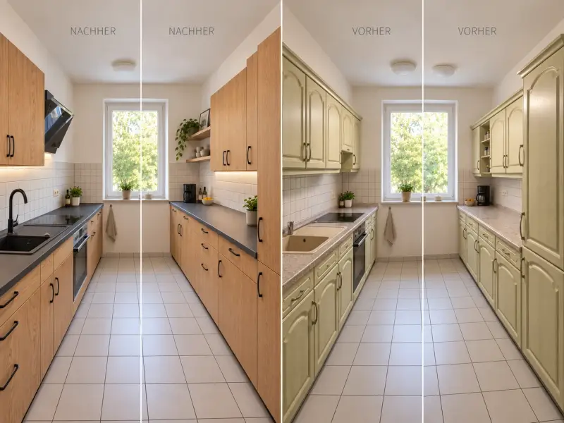 Vorher-Nachher-Vergleich einer restaurierten Küche mit neuen furnierten Eichenfronten und dunkel beschichteter Arbeitsplatte.