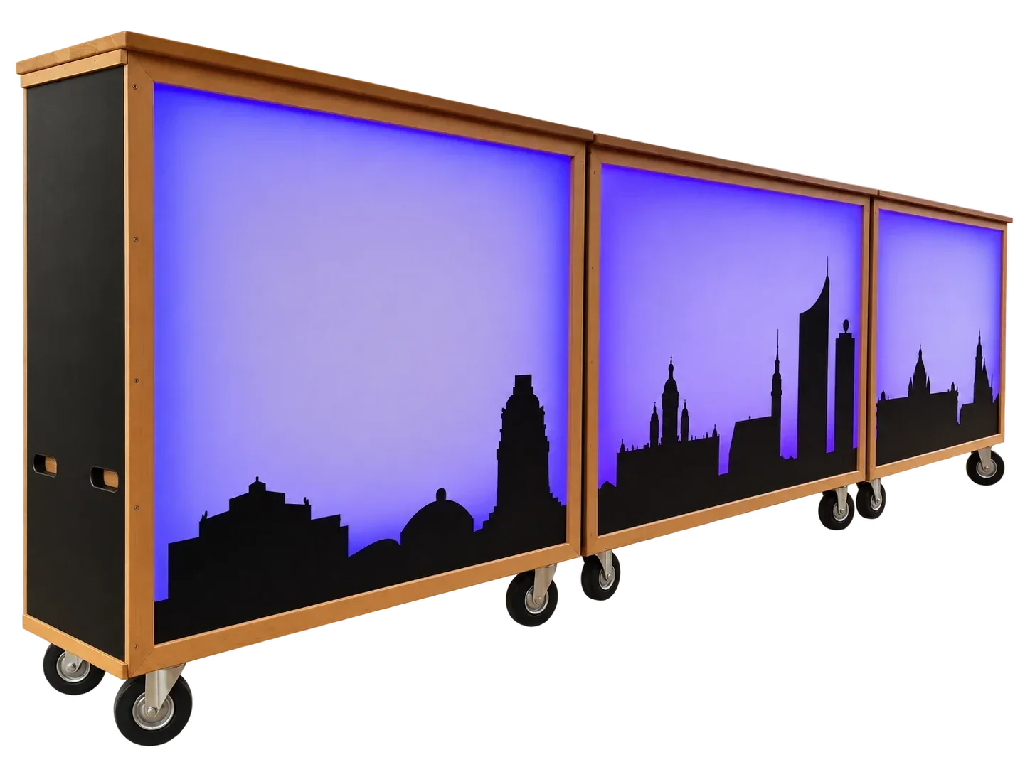 Mobile Bar mit lackierter Buchenarbeitsplatte, anthrazitgrau lackiertem Korpus und hinterleuchteter Leipzig-Silhouette