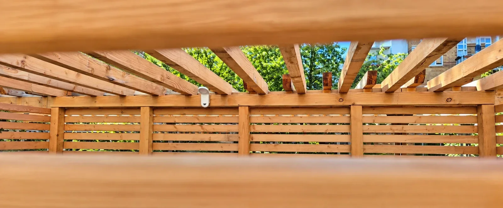 Blick in die offene Dachkonstruktion einer Müllplatzeinhausung mit Pfetten und Sparren aus Douglasie.
