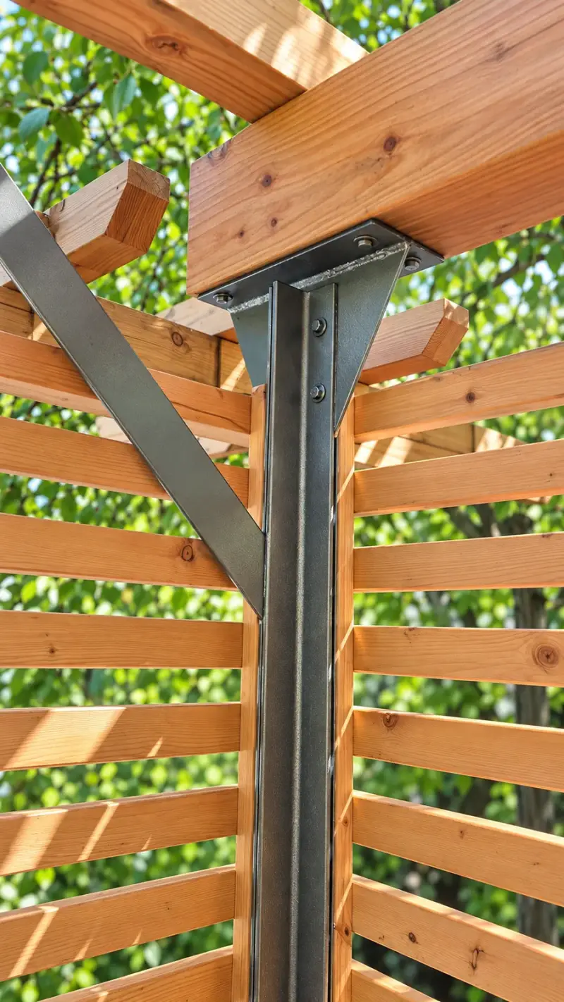 Detail der Verbindung zwischen Douglasienholz, Stahlstütze und aussteifender Metallstrebe einer Müllplatzeinhausung.