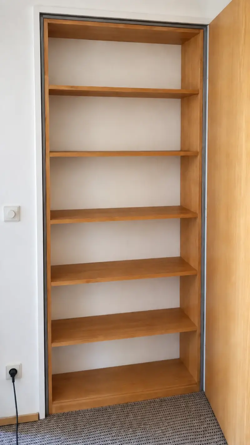 Maßgefertigtes Nischenregal aus Kiefer, geölt im Farbton Erle, in einem Türrahmen eingebaut.