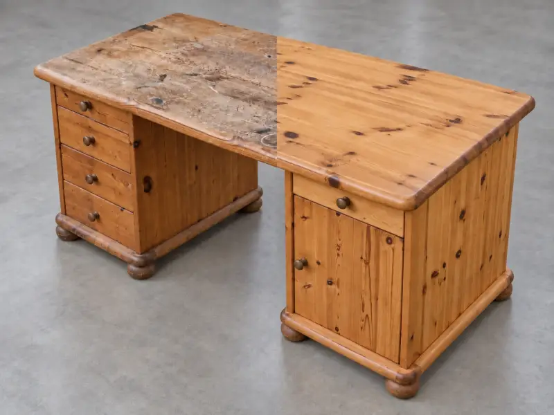 Vorher-Nachher-Vergleich eines restaurierten Schreibtischs aus Kiefer mit stark beanspruchter und anschließend aufgearbeiteter Oberfläche.
