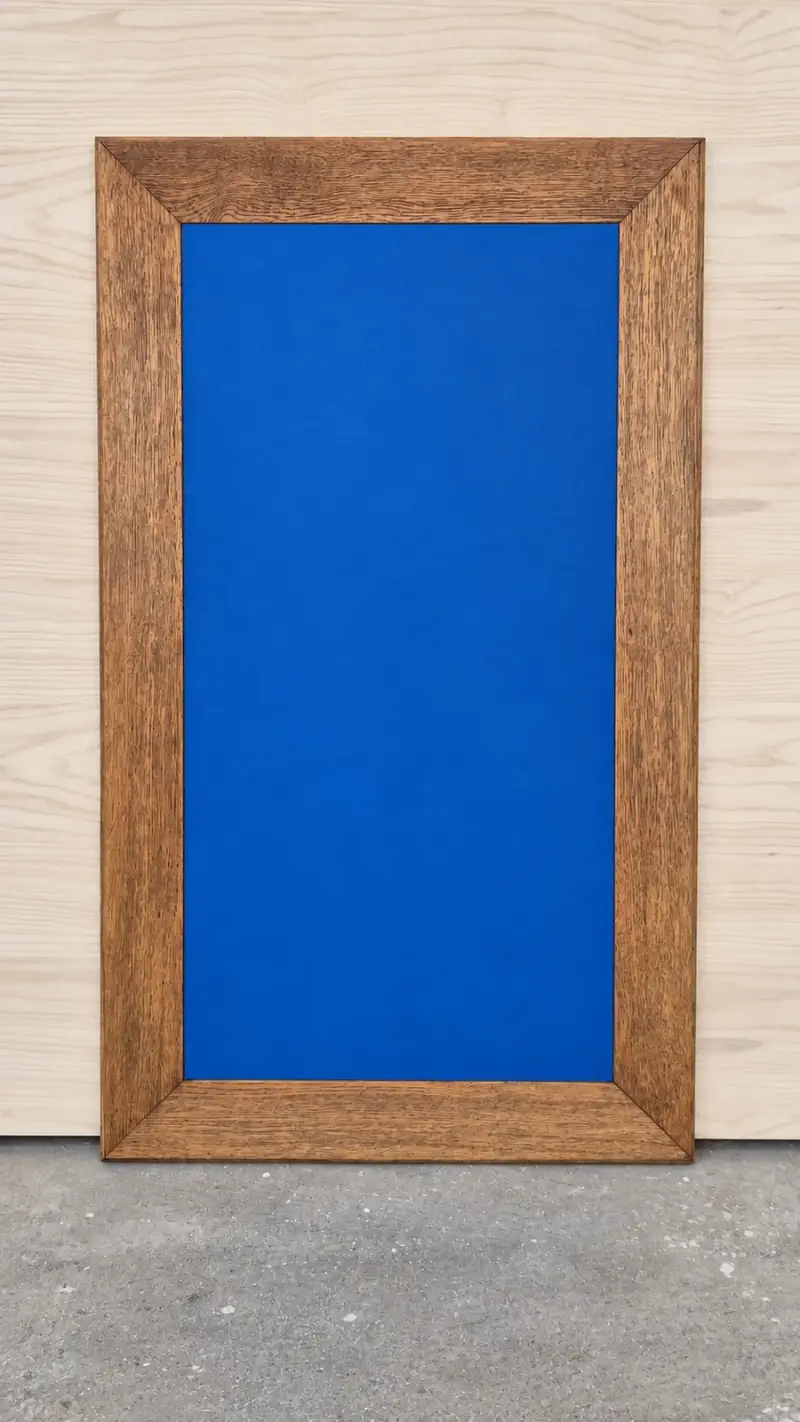 Restaurierte Schreibtischplatte mit neuem Linoleum und aufgearbeitetem Holzrahmen.