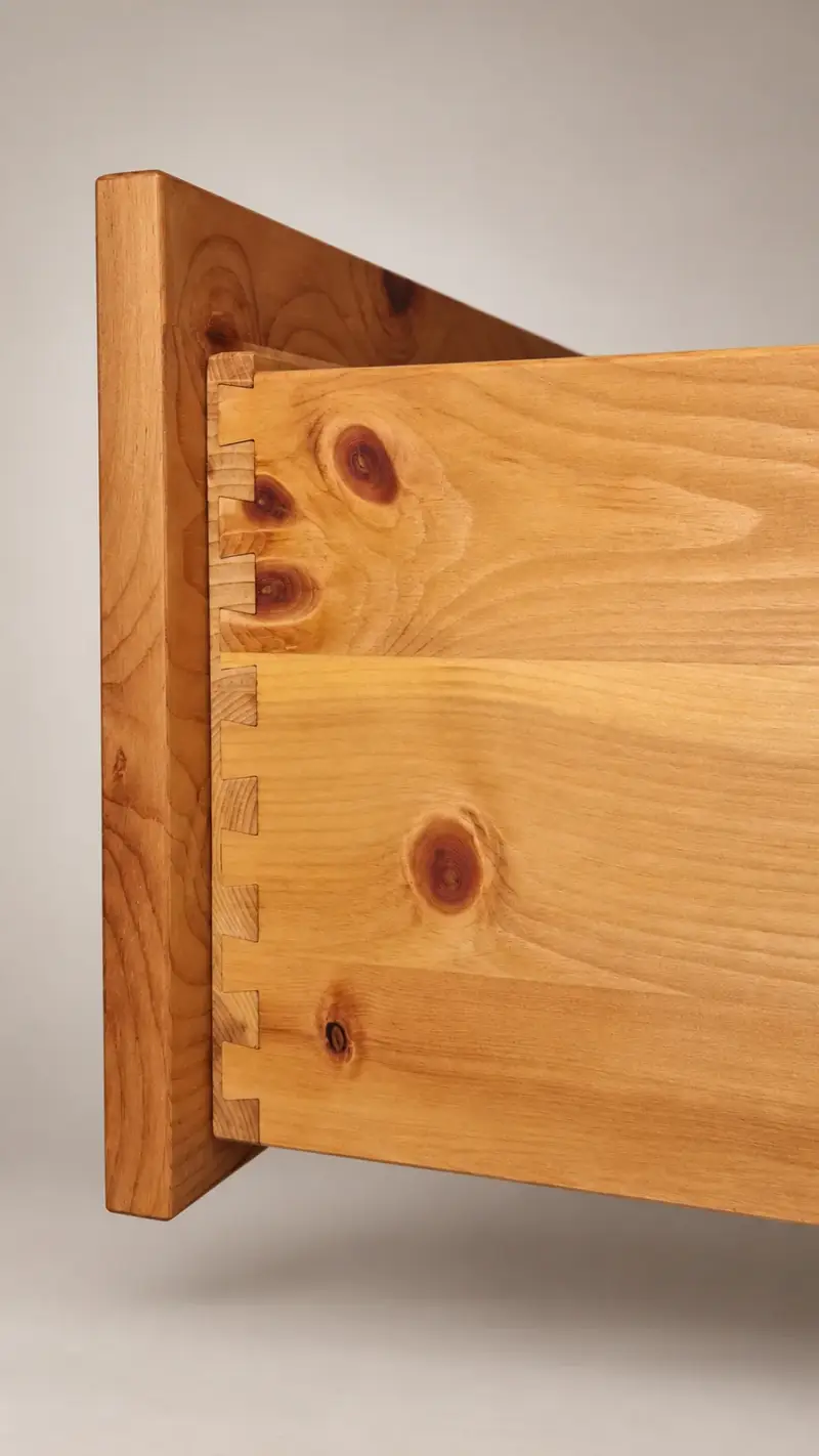 Detail einer massiven Schublade aus Zirbenholz mit traditioneller Schwalbenschwanzverbindung