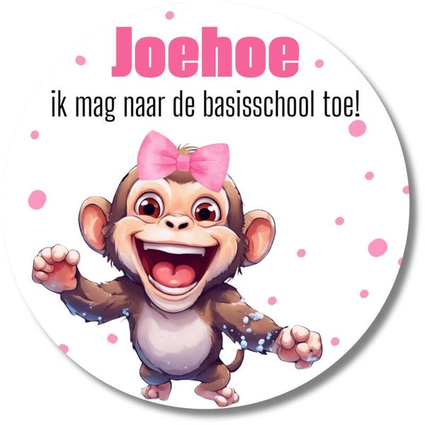 Joehoe basisschool stickers | 20 stuks | Roze aap met strik | Afscheid meisje