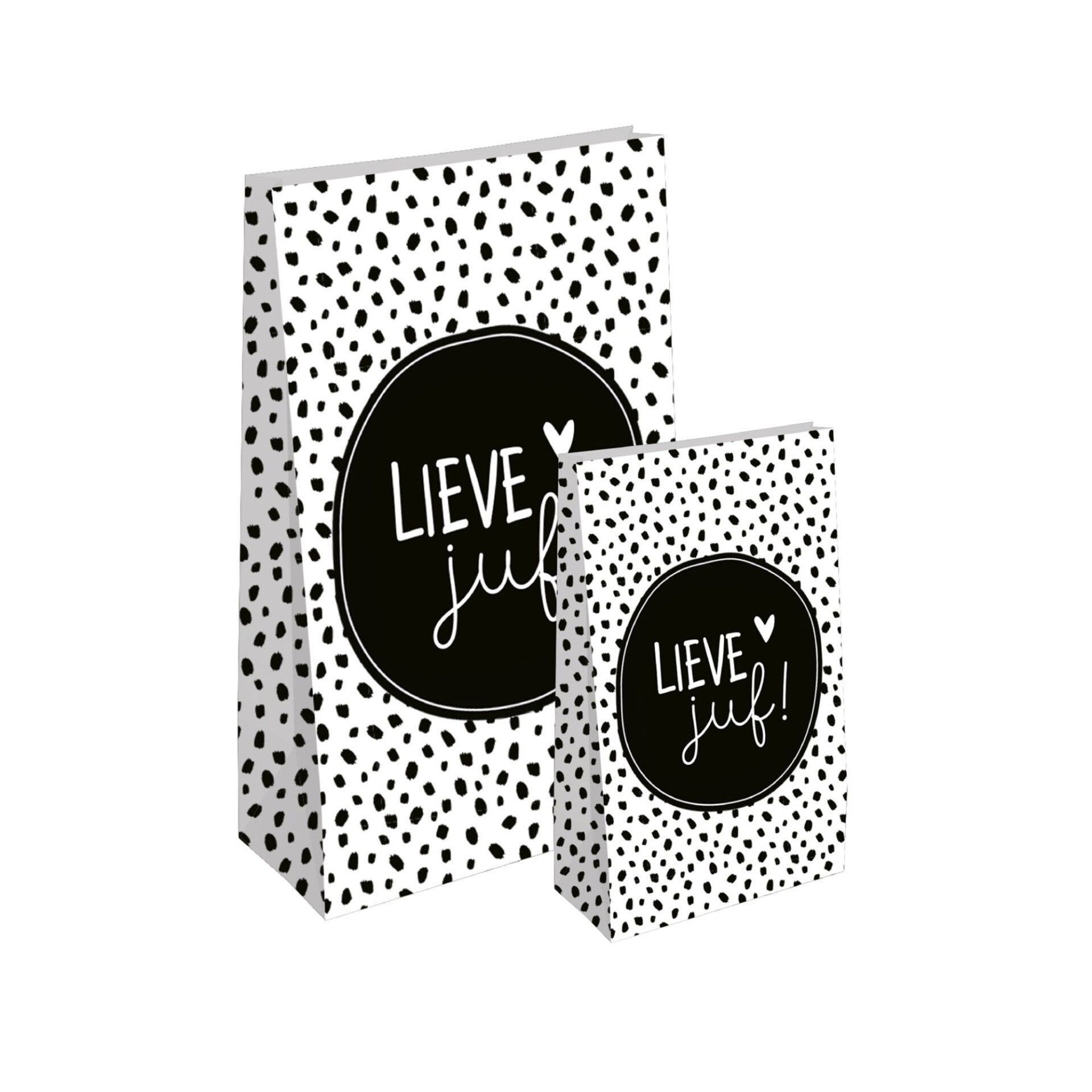 Cadeauzakje | Lieve Juf | Blokbodem Wit Met Zwarte Stippen