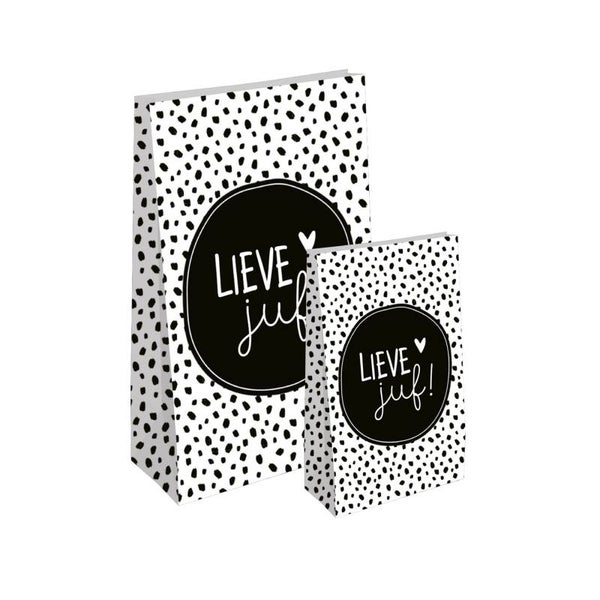 Cadeauzakje | Lieve Juf | Blokbodem Wit Met Zwarte Stippen