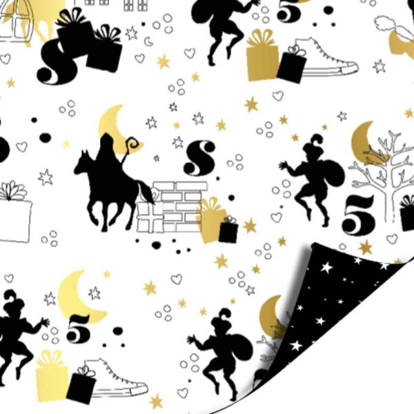 Sinterklaas | Cadeaupapier | Inpakpapier | Dubbelzijdig | Zwart Wit Goud