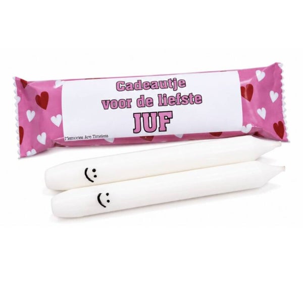 Juf Cadeau | Dinerkaarsen Met Smiley | Roze Cadeauverpakking